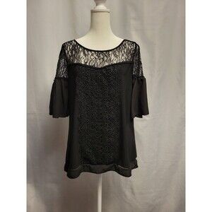 WHBM Blouse Womens Medium Black Lace Yoke Illusion Top Whimsigoth Witchy Gothic